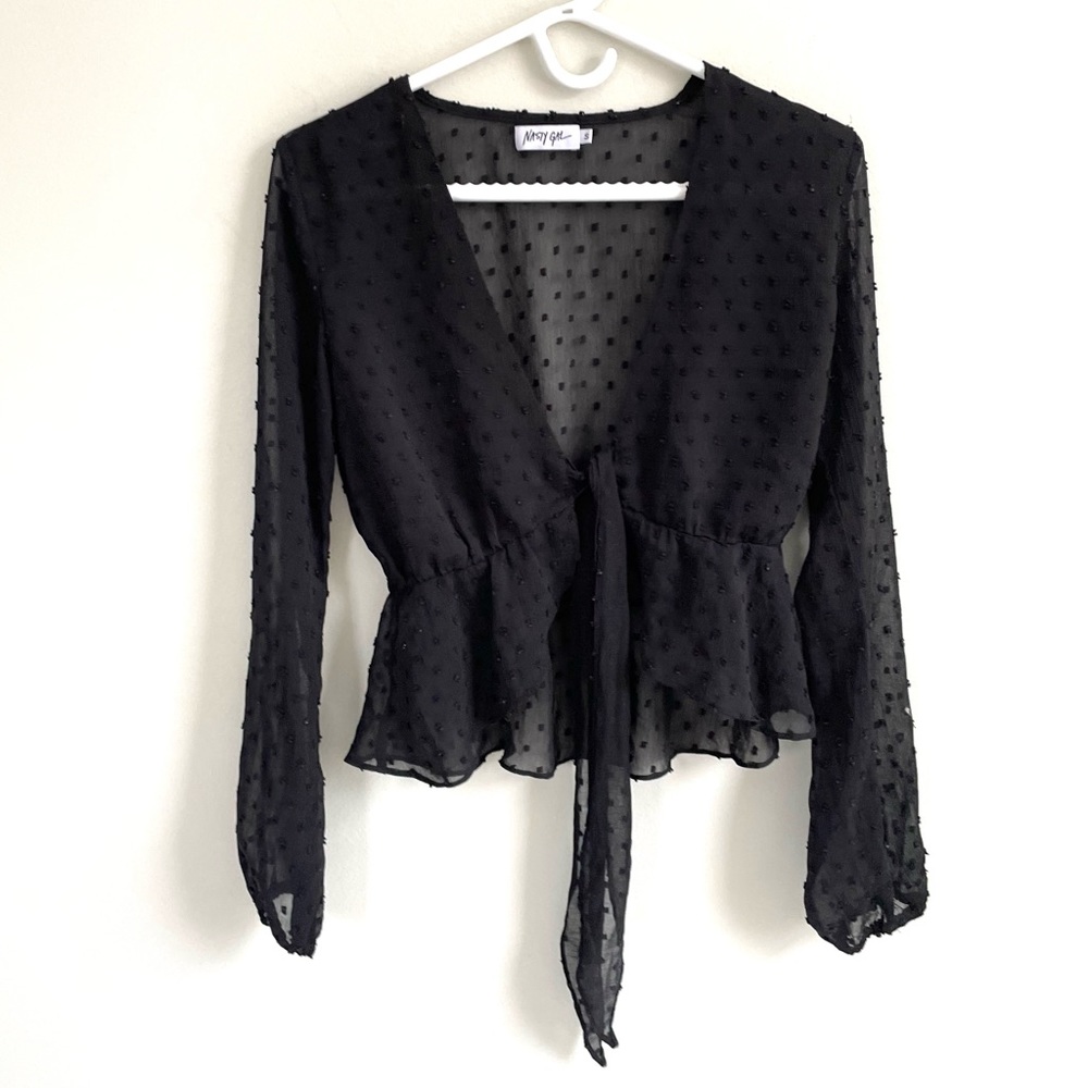 NASTY GAL LONG SLEEVE BLACK SHEER FRONT TIE EMBOSSED PRPLUM TOP COVER UP